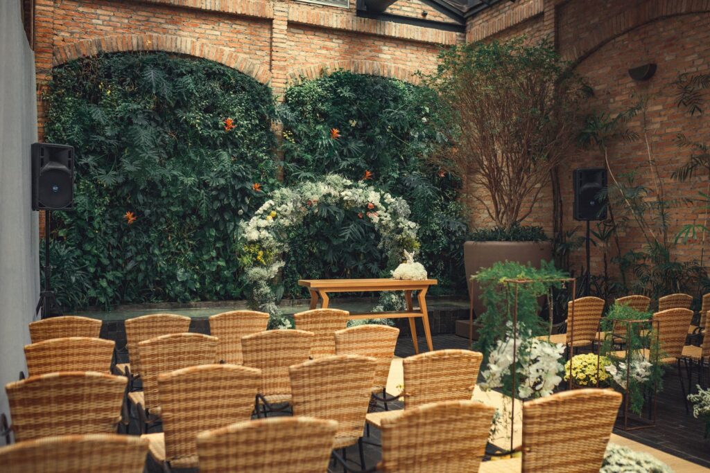 wedding venue with wooden chairs